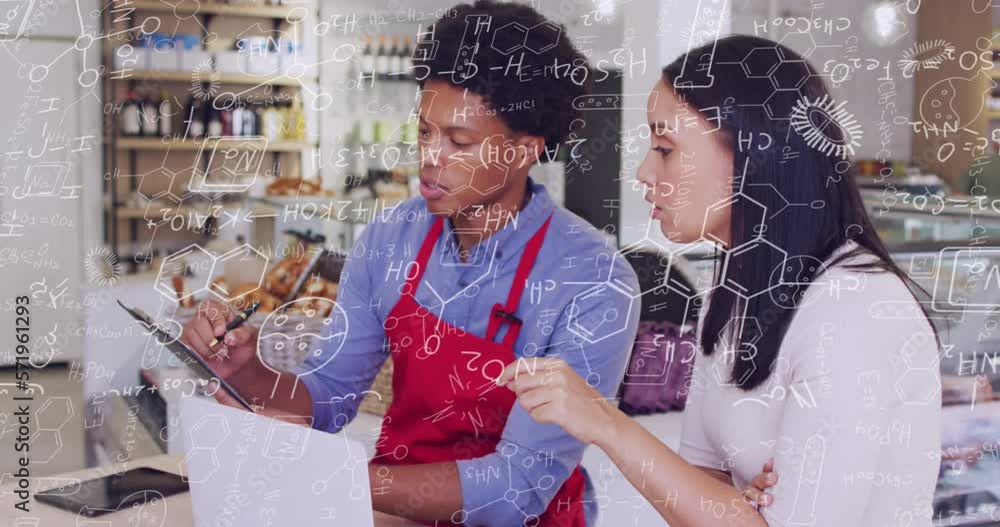 Poster animation of data processing over diverse people with tablet in shop