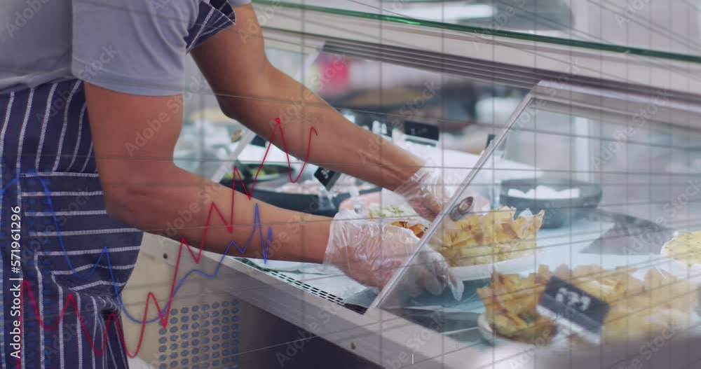 Aufkleber animation of numbers and data processing over biracial man with plate of food in shop