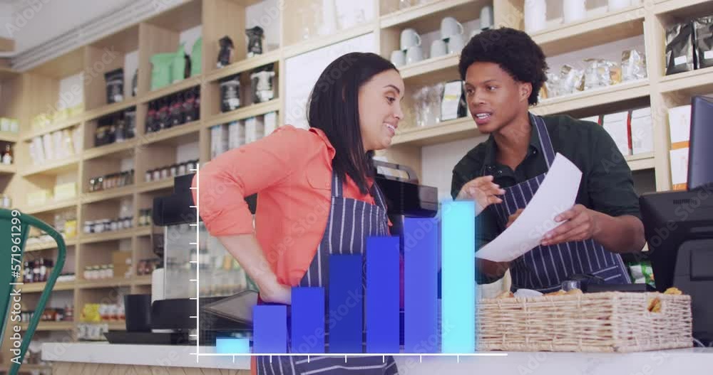 Poster animation of statistics and data processing over diverse people in shop