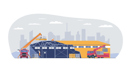 Workers build a warehouse using cranes. Vector illustration.