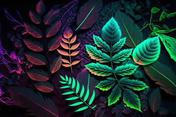 A modern neon glow with vibrant fluorescent colors illuminates a range of leafy tree backgrounds for unexpected visual appeal. Generative AI