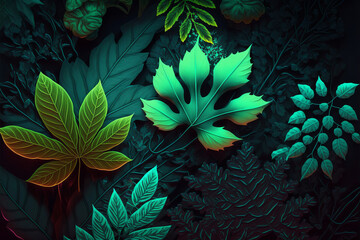 Sparkling neon hues take center stage in this stunning image of an array of leafy trees. Perfect for modern graphic or emotional projects. Generative AI