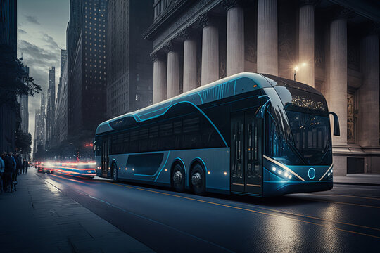 The future of electric autonomous bus transport. running on the city. generative AI digital illustration
