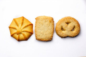 Danish butter cookie isolated on white background, top view