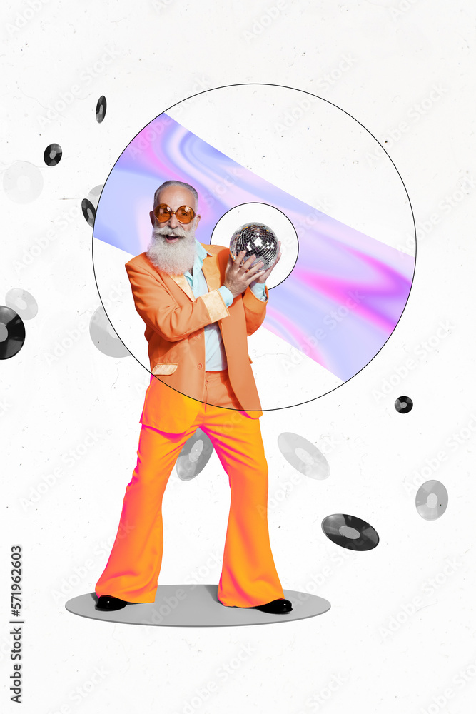 Sticker Vertical collage shake disco ball party event celebrate have fun pensioner man wear orange suit chill vinyl retro disk isolated on white background