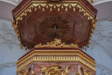 Magnificent opulent splendid Bavarian baroque church cathedral basilica interiors with stucco,...