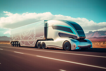 The future of electric autonomous freight transport. running fast on the highway. generative AI digital illustration