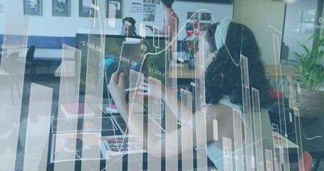 Animation of data processing over diverse business people working in office - Powered by Adobe