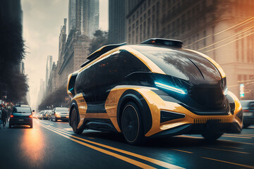 The future of electric autonomous taxi transport. running on the city. generative AI digital illustration