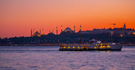 The most beautiful view of Istanbul, sunset and mosques, sea of Marmara and ferries