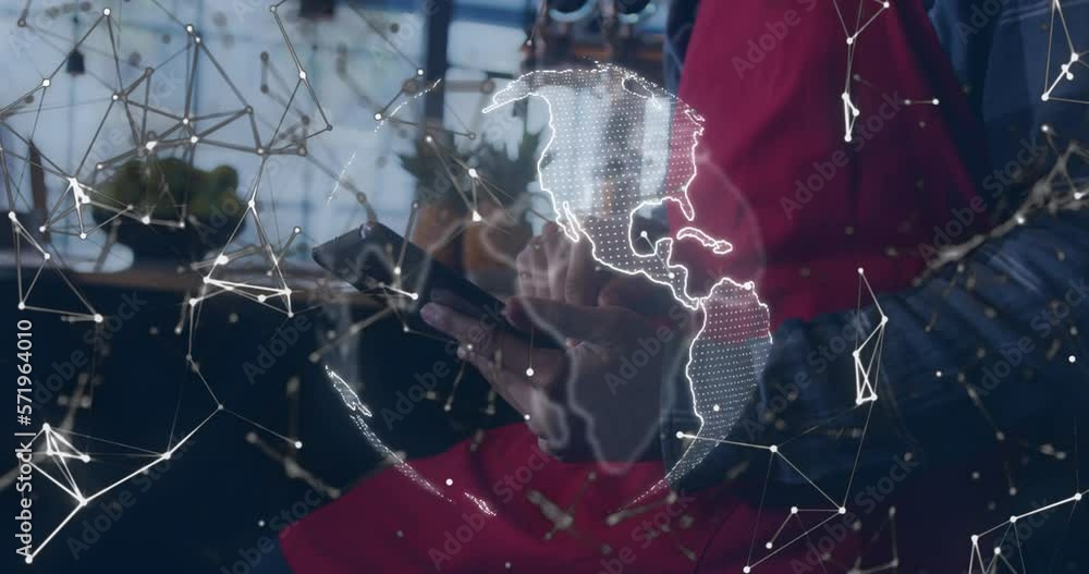 Poster animation of network of connections with globe over man using tablet