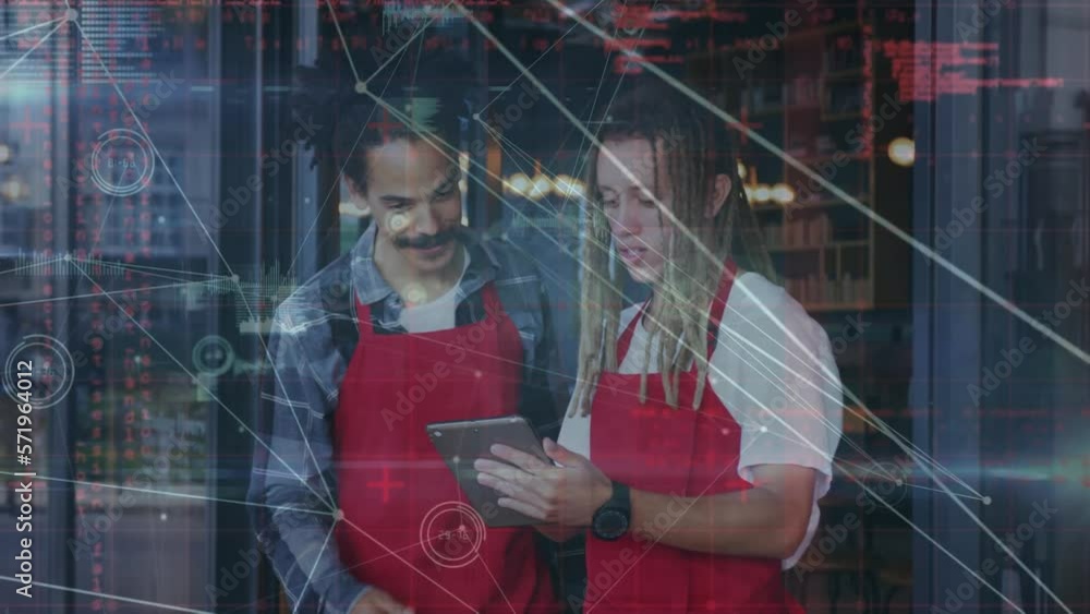 Poster animation of network of connections with icons over men using tablet