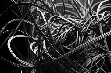 Intertwined metal wires and cables create a deconstructed, industrial pattern, perfect for adding a raw edge to designs. Generative AI