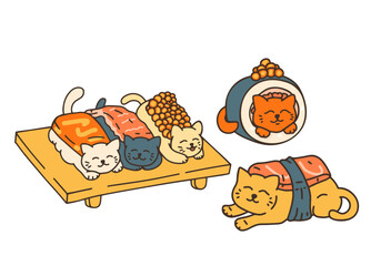Set sushi-cats. Hand drawn vector illustrations. 
