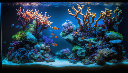background fish colorful corals algae in the aquarium