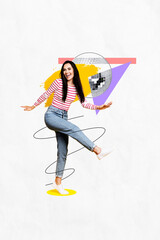 Vertical photo collage of youngster carefree dancing overjoyed lady dancing have fun music lover...