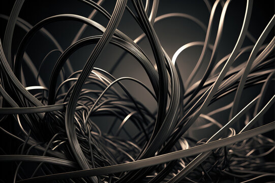 Intertwined and jumbled wires and cables in a disorganized metallic pattern with an industrial vibe, an ideal background for adding a rough touch. Generative AI