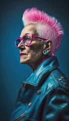 Portrait of a Cool Punk Old Lady with White and Pink Hair, Blue Background, Fictional Character, Generative AI