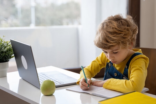 Caucasian child schoolboy or girl studying at home using laptop remote education. Doing homework, writing exercise book. Copy space