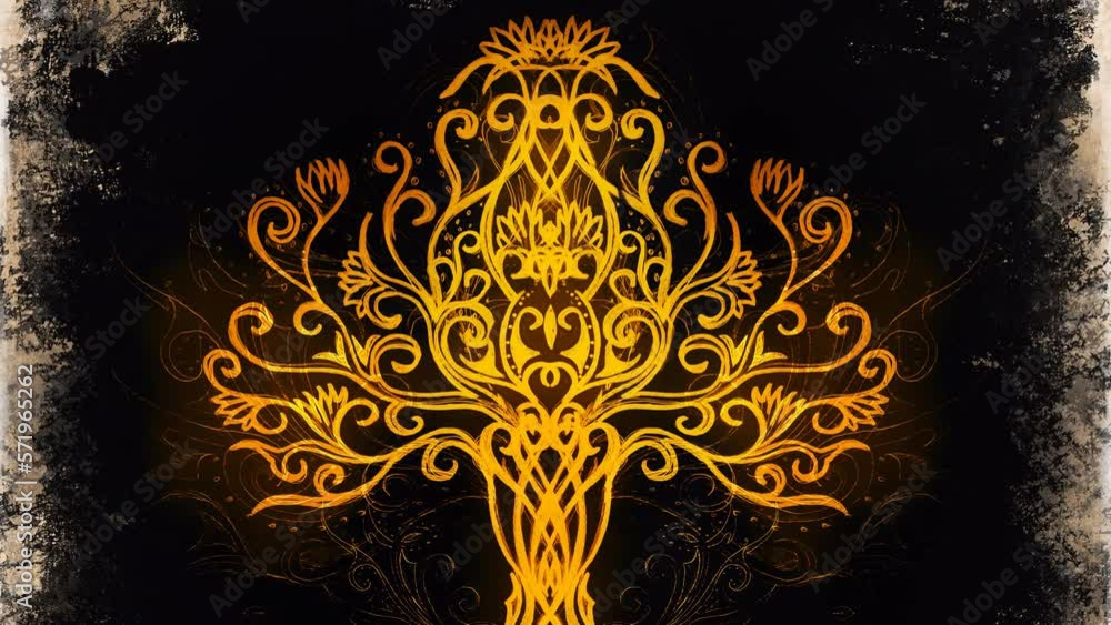 Poster tree of life symbol on structured ornamental background, yggdrasil. Loop Animation.