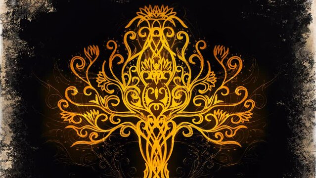 tree of life symbol on structured ornamental background, yggdrasil. Loop Animation.