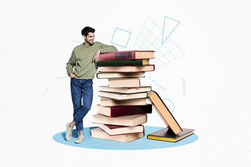 Composite photo minimal design collage bookstore geek guy student stay near stack much books...