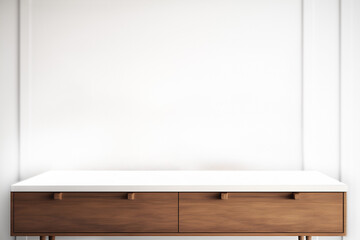 Naklejka premium Mockup para bodegón de producto. Aparador mesa madera y mármol. Interior minimal estilo nórdico escandinavo, maderas y blancos, bodegón. Generado con IA. 