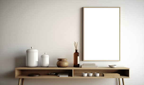 Mockup cuadro en interior minimalista y moderno. Cuadro vacío Bodegón minimalista en madera y blancos. Colores claros y cálidos. Scandinavian interior design. Generado con IA.