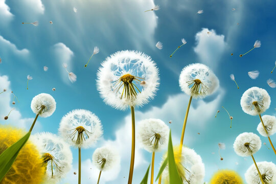 Dandelions, blue sky and white clouds blurred. Generative AI © Kanchana