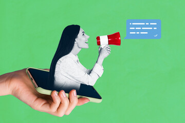 Photo creative collage artwork of young woman boss screaming talking loudspeaker bullhorn inside...