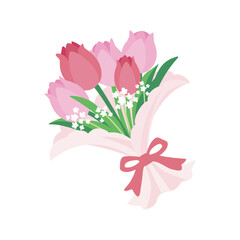 Bouquet of tulips in pink and red with small white flowers. It is tied together with pretty ribbon.