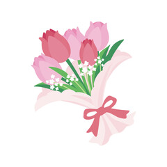 Fototapeta premium Bouquet of tulips in pink and red with small white flowers. It is tied together with pretty ribbon.