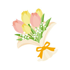 Bouquet of tulips in yellow and orange with small white flowers. It is tied together with pretty ribbon.