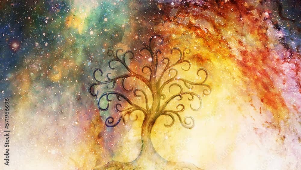 Poster tree of life and space background, yggdrasil. Loop Animation.