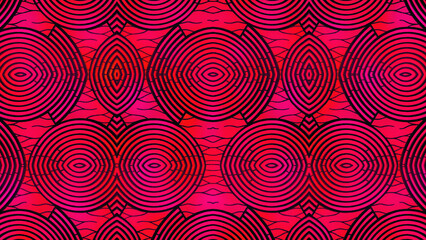 African fabric, seamless and textured pattern (red, pink and black colors), geometric design, HD image - obrazy, fototapety, plakaty