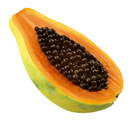 Pedaço de mamão maduro com sementes em fundo transparente - mamão papaia