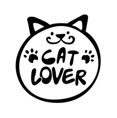 Muzzle of a cat with the inscription cat lover. Logo design, icon, label. Hand lettering with cat paws