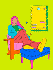 Nervous girl texting on a chair with her legs up with an encouraging text message