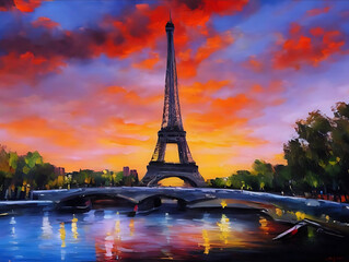 Obraz premium oil painting paris landmark sunset front view of eiffle tower