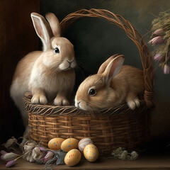 Easter bunnies in a basket, portrait generative ai