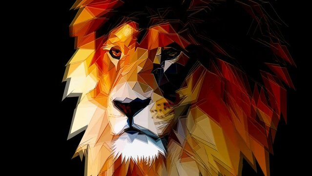 lion head graphic portrait with polygonal effect on abstract background. Loop Animation.
