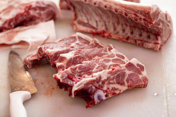Fresh pork, lamb and beef meat on butchery