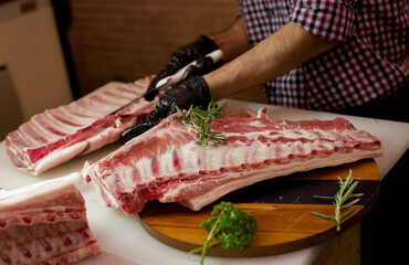 Fresh pork, lamb and beef meat on butchery