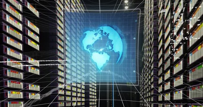 Animation of globe, data processing over computer servers