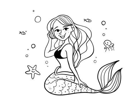 Cute mermaid. Black and white poster. Beautiful mermaid and sea animals. Coloring book for children. Vector illustration