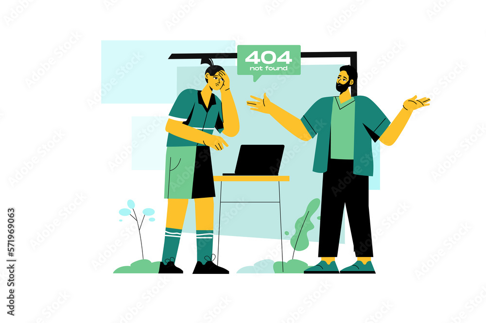 Aufkleber 404 not found green concept with people scene in the flat cartoon style. two programmer cannot under