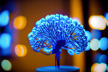 brain neuron neural communication and technology concept, brain in blue lights and electronic circuits, created with Generative AI technology