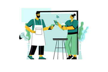 Pay pal green concept with people scene in the flat cartoon design. Girl want to pay for coffee using online system Pay Pal.