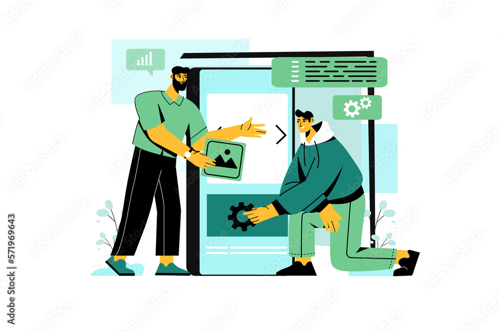 Aufkleber app development green concept with people scene in the flat cartoon style. two developers work on th