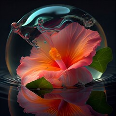 a beautiful hisbiscus flower swimming in translucent water generative ai